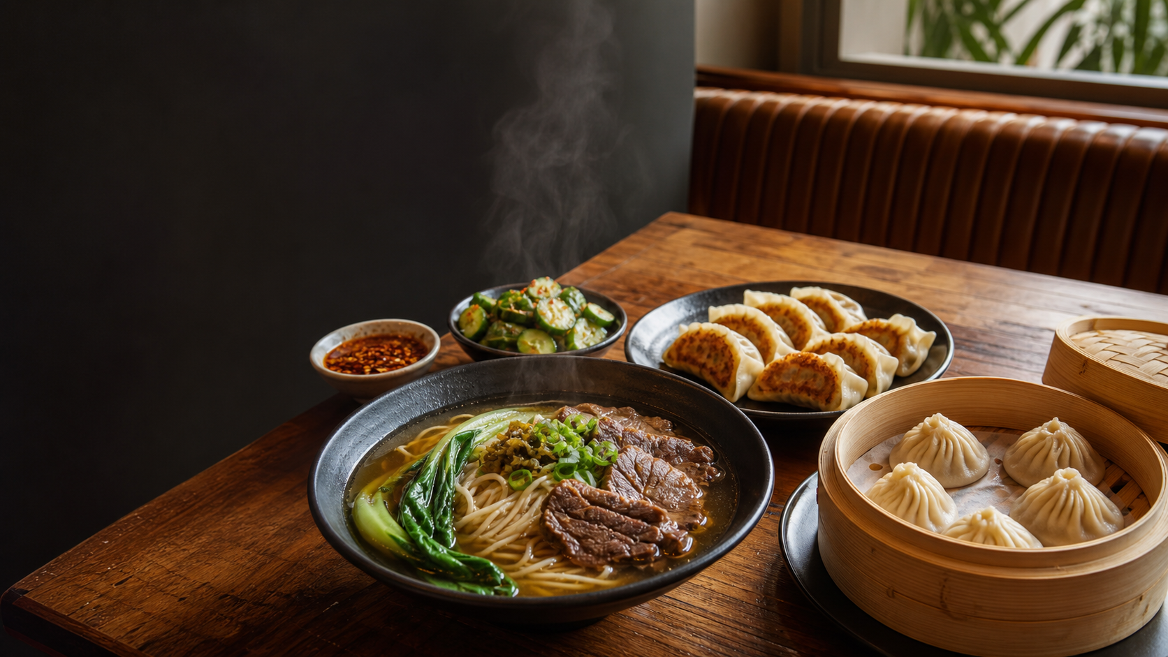 Hand-pulled noodles and dumplings on a restaurant table
