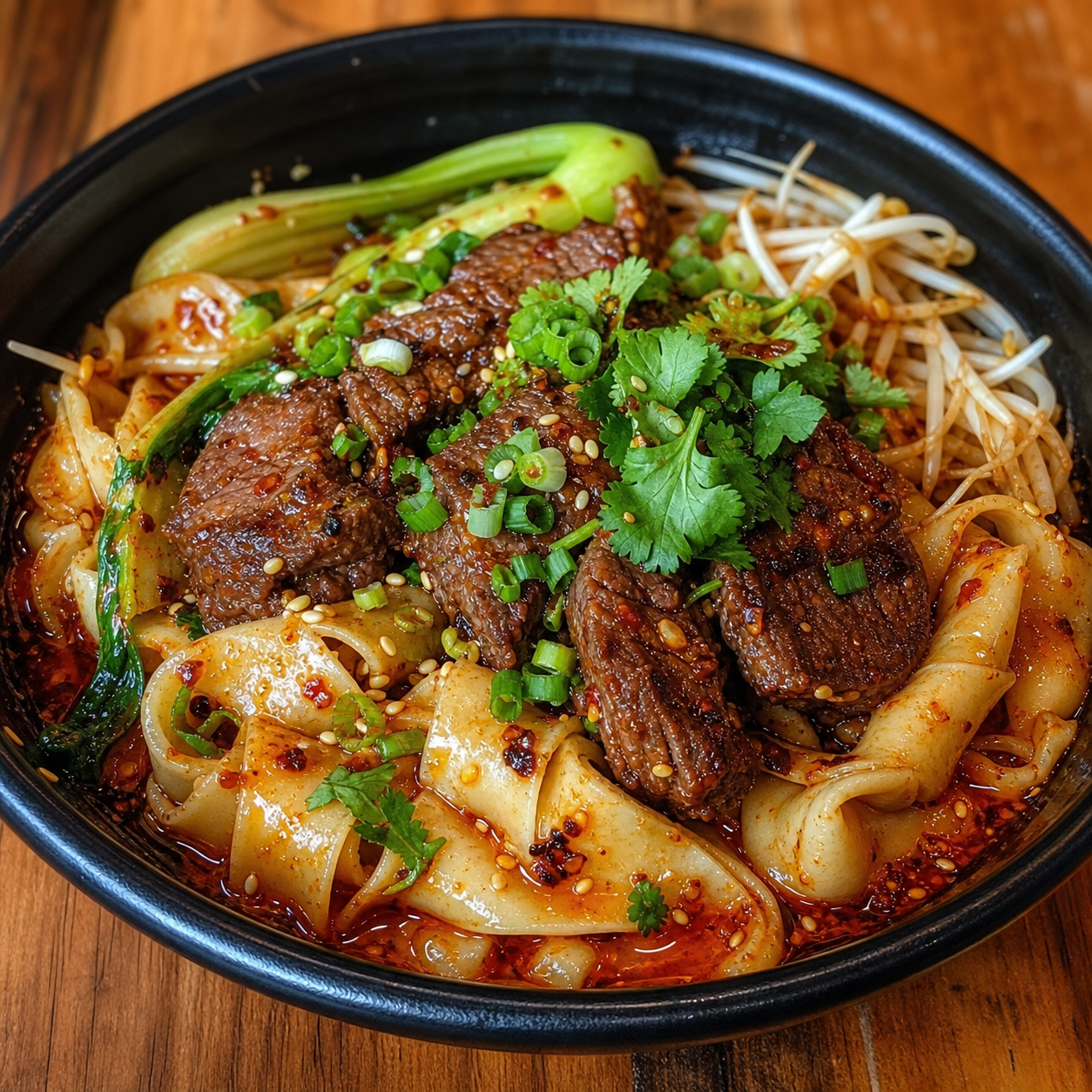 Spicy beef flat noodles